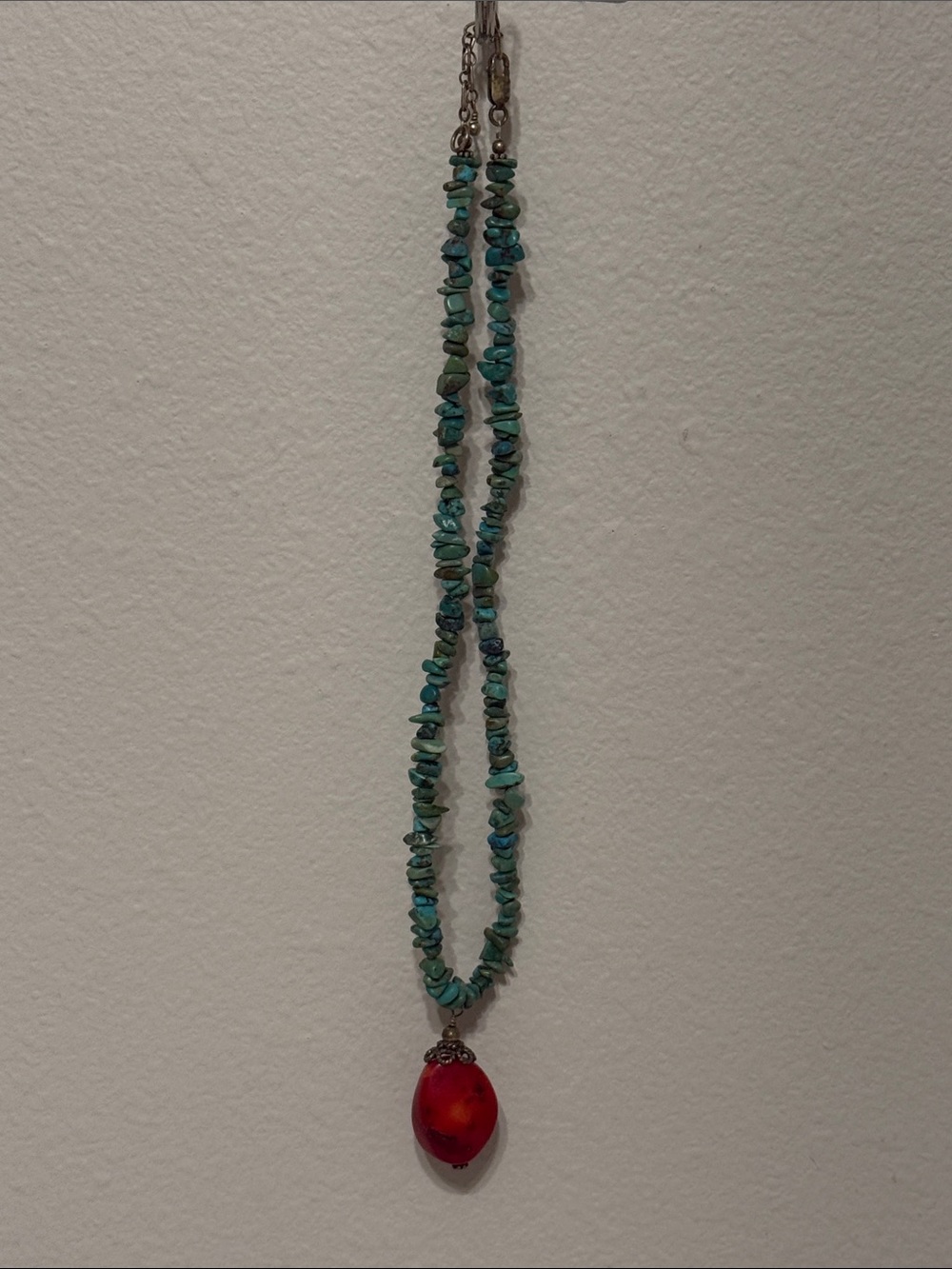 Source Unknown Turquoise-Bead Necklace with Red Teardrop Pendant